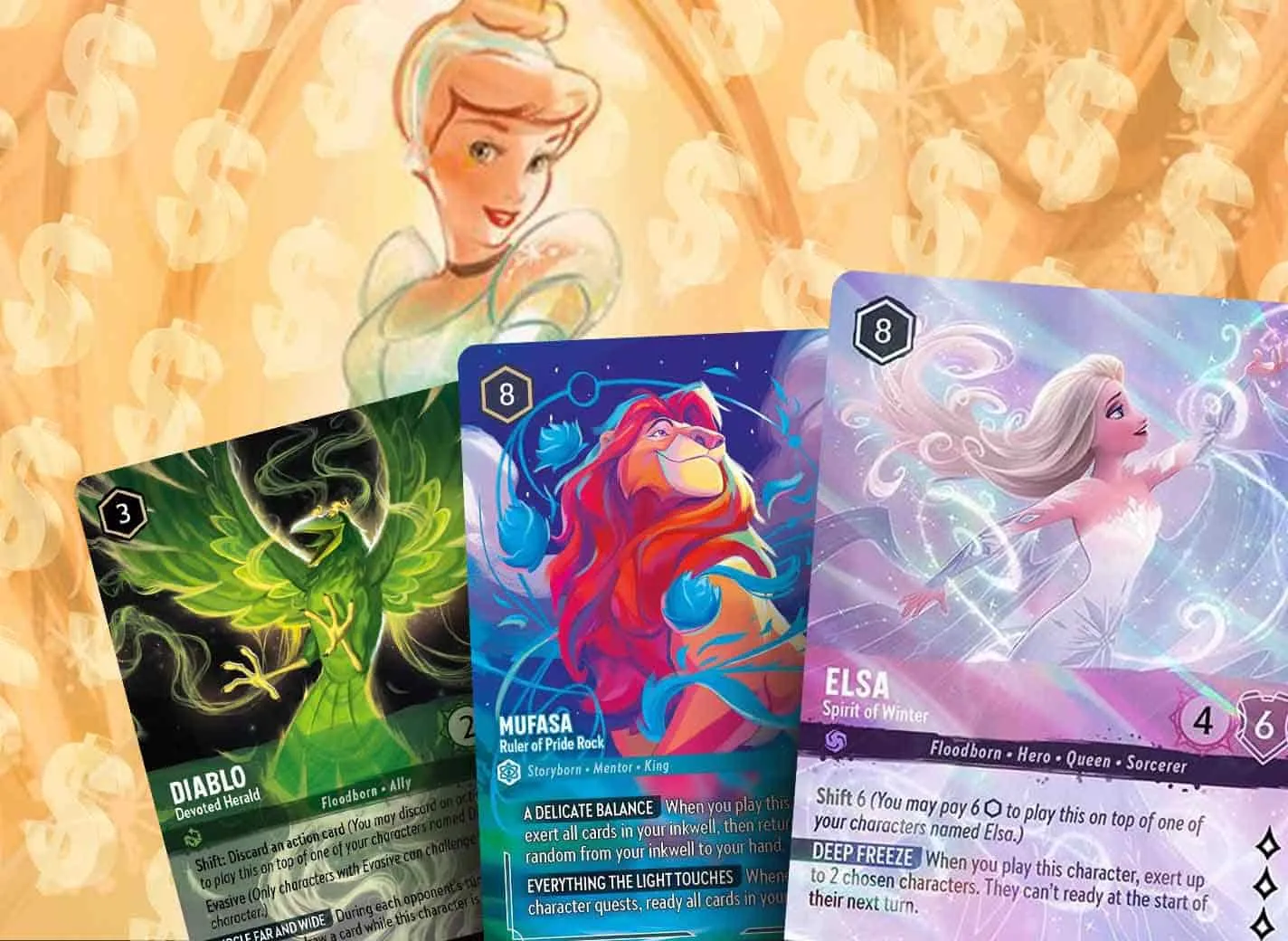 Enchanted-rarity Disney Lorcana cards — Diablo, Mufasa, and Elsa - Spirit of Winter — fanned over a dollar-sign background