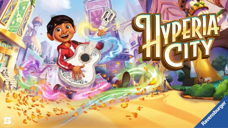 Hyperia City key art: Miguel from Coco playing his guitar through a colorful city, with the Hyperia City logo