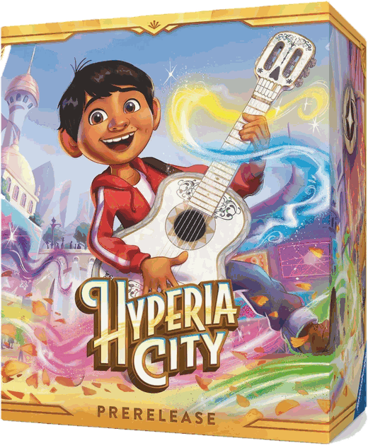 Disney Lorcana Hyperia City prerelease box, with Miguel from Coco on the cover