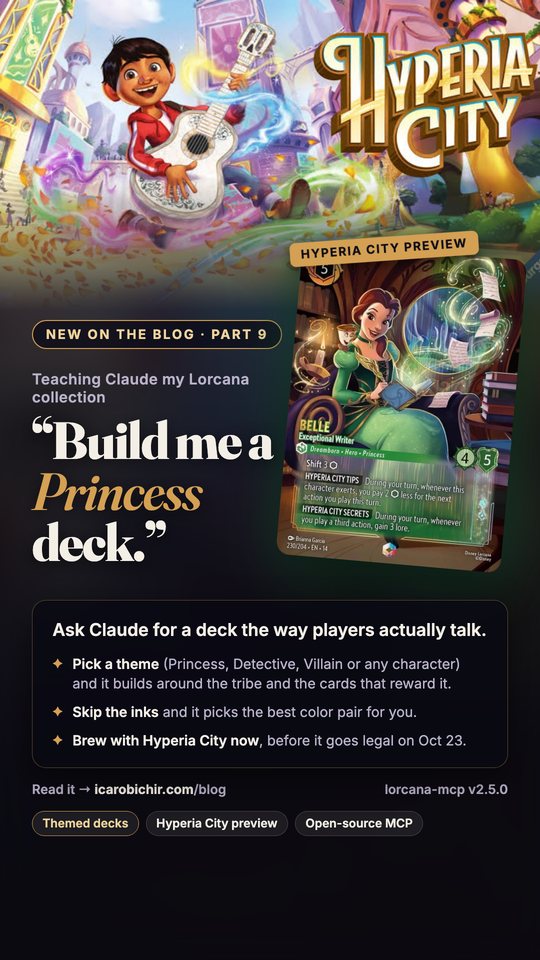 Instagram story for Part 9: “Build me a Princess deck” with the Belle card and Hyperia City art