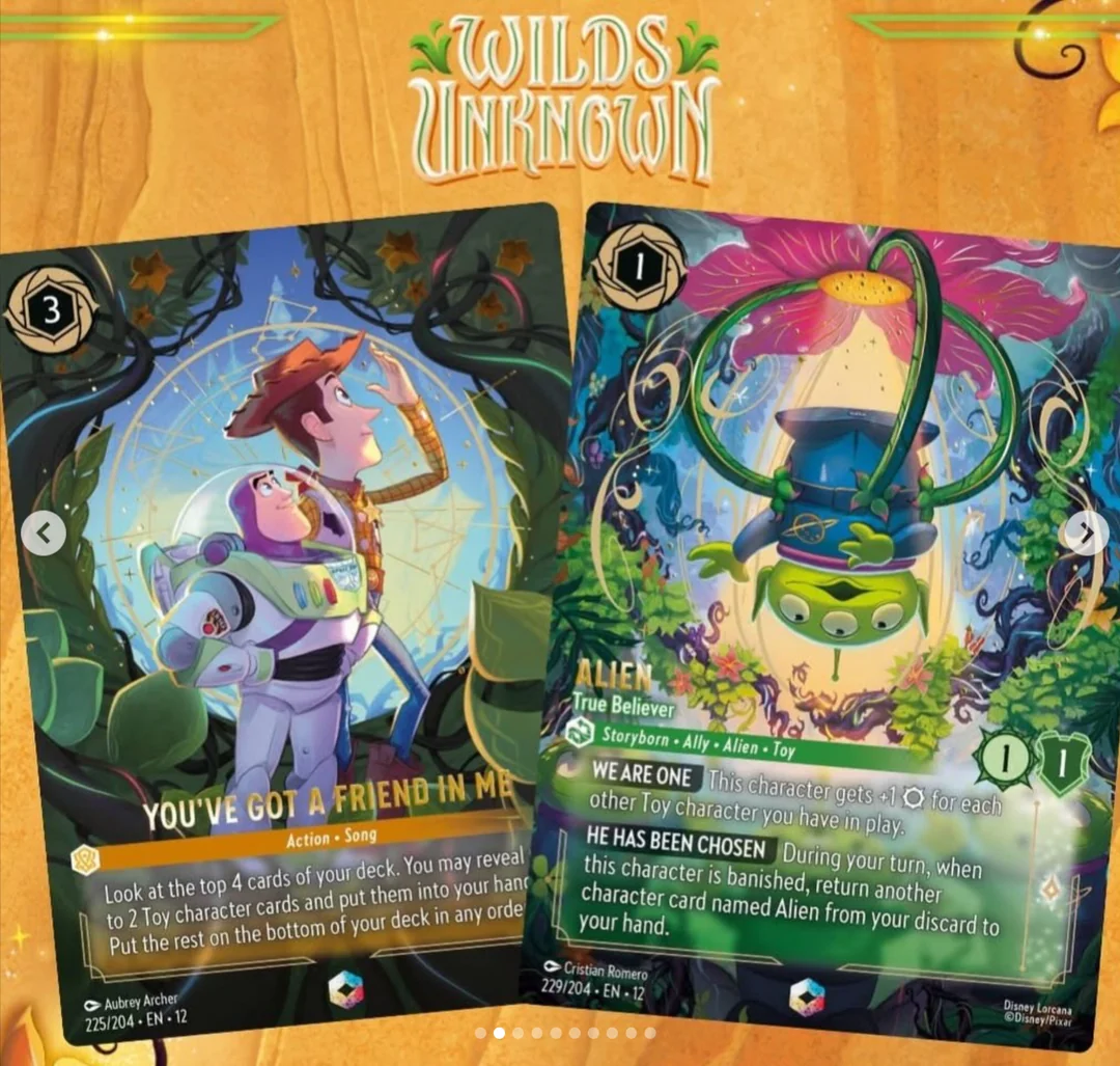 Two Disney Lorcana cards from the Wilds Unknown set — You've Got a Friend in Me and Alien - True Believer
